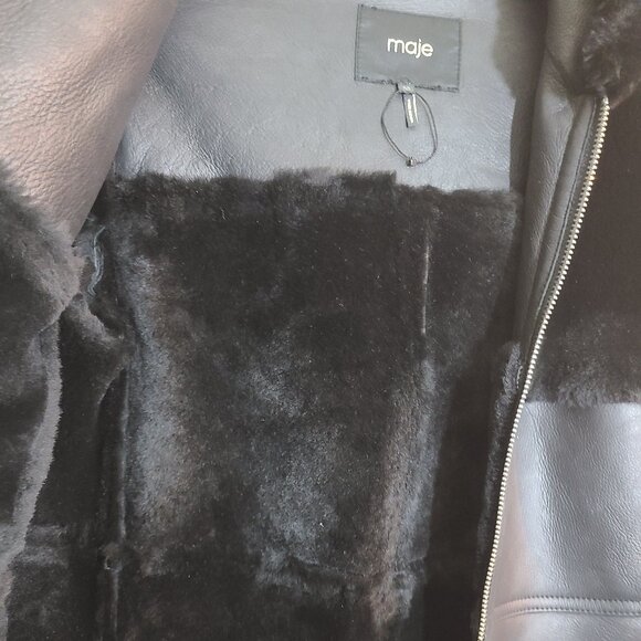 MAJE 38 sz4 SHEARLING Sheepskin Fur Leather Gwette Coat Black Acne Sandro